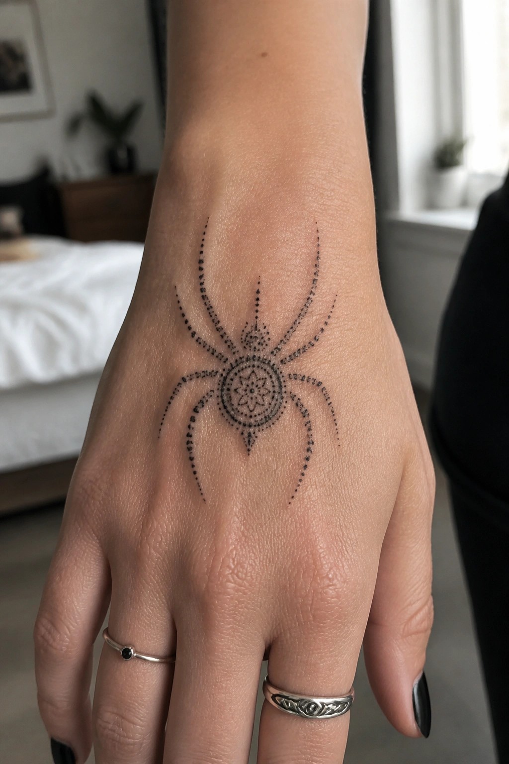 Dotwork spider tattoo with a mandala center on the back of a hand
