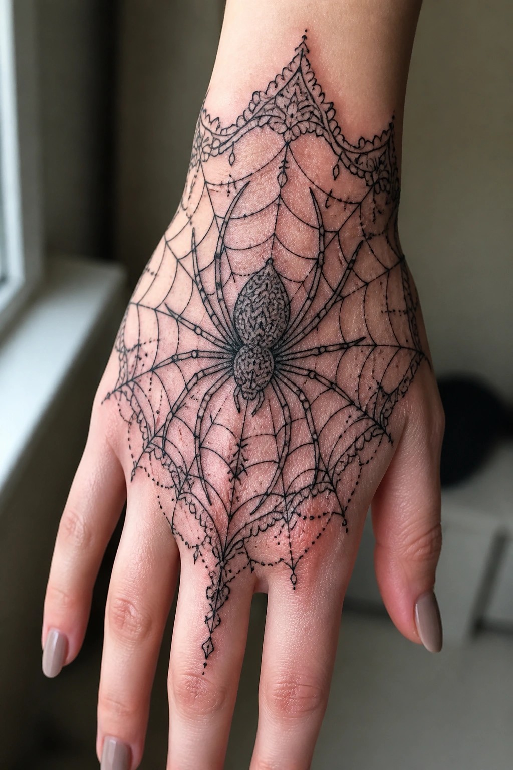 Black fine line tattoo of a spider centered in a web on the back of a woman's hand, with ornate lace borders framing the design from wrist to fingers.