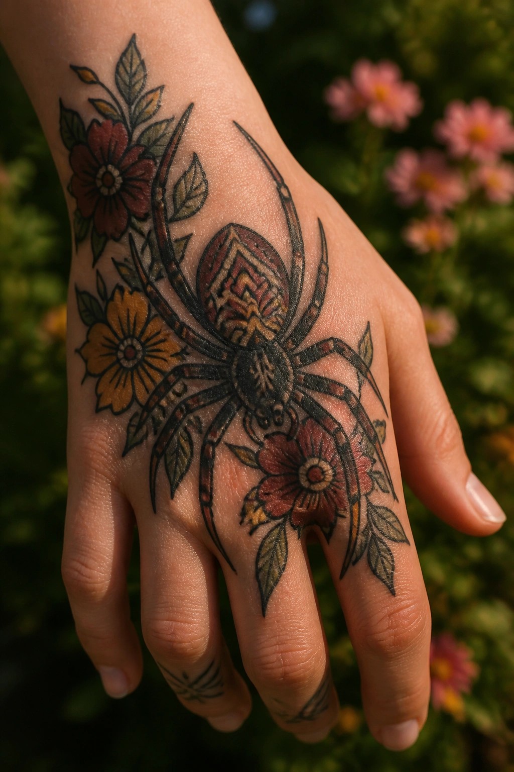 A colorful spider tattoo on the back of a hand with red and yellow flowers and green leaves filling the surrounding space.