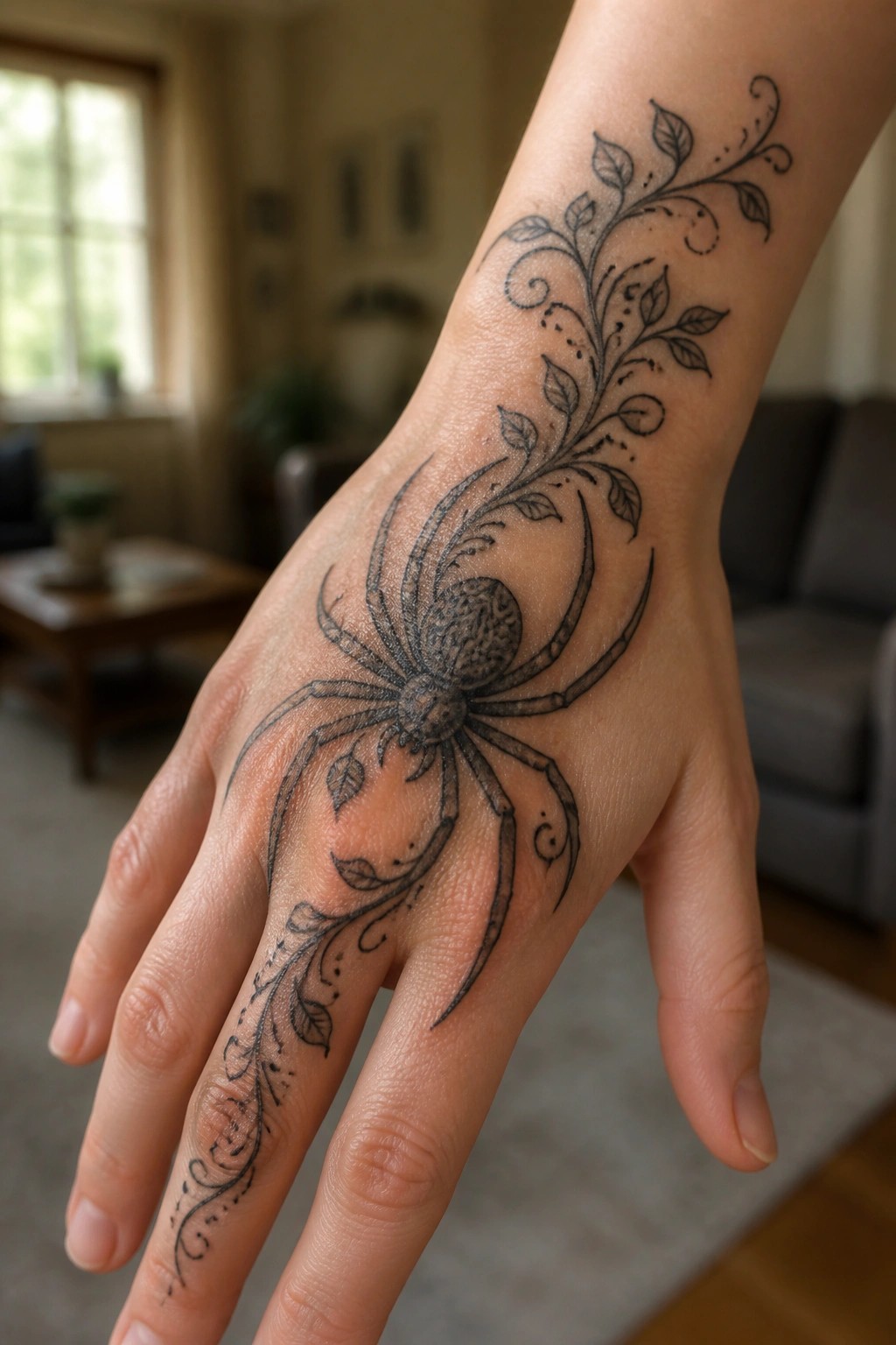 Hand with black spider and leafy vine tattoo on wrist and fingers