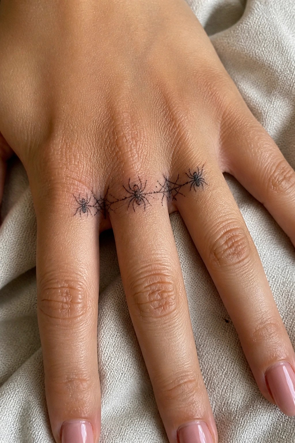 Close up of a hand with a fine line tattoo showing several small spiders joined by thin webs across the base of the fingers.