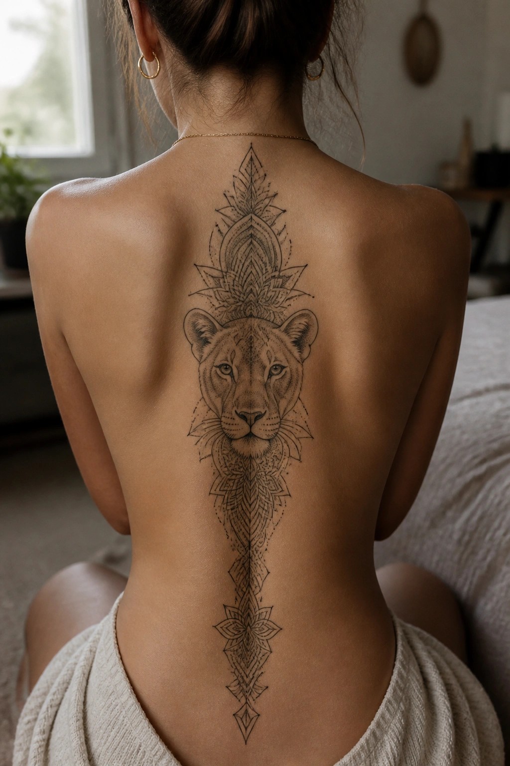 Woman's bare back with large lion mandala spine tattoo, white cloth draped below.