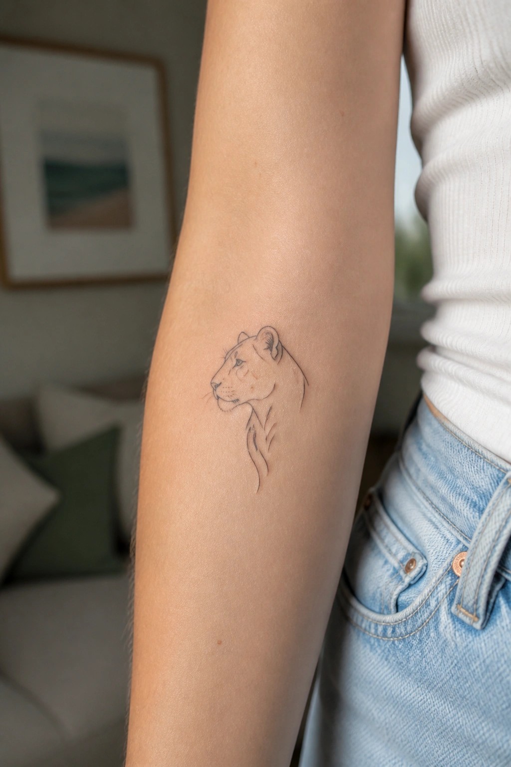 Minimalist lioness tattoo on upper arm with white top and blue jeans.