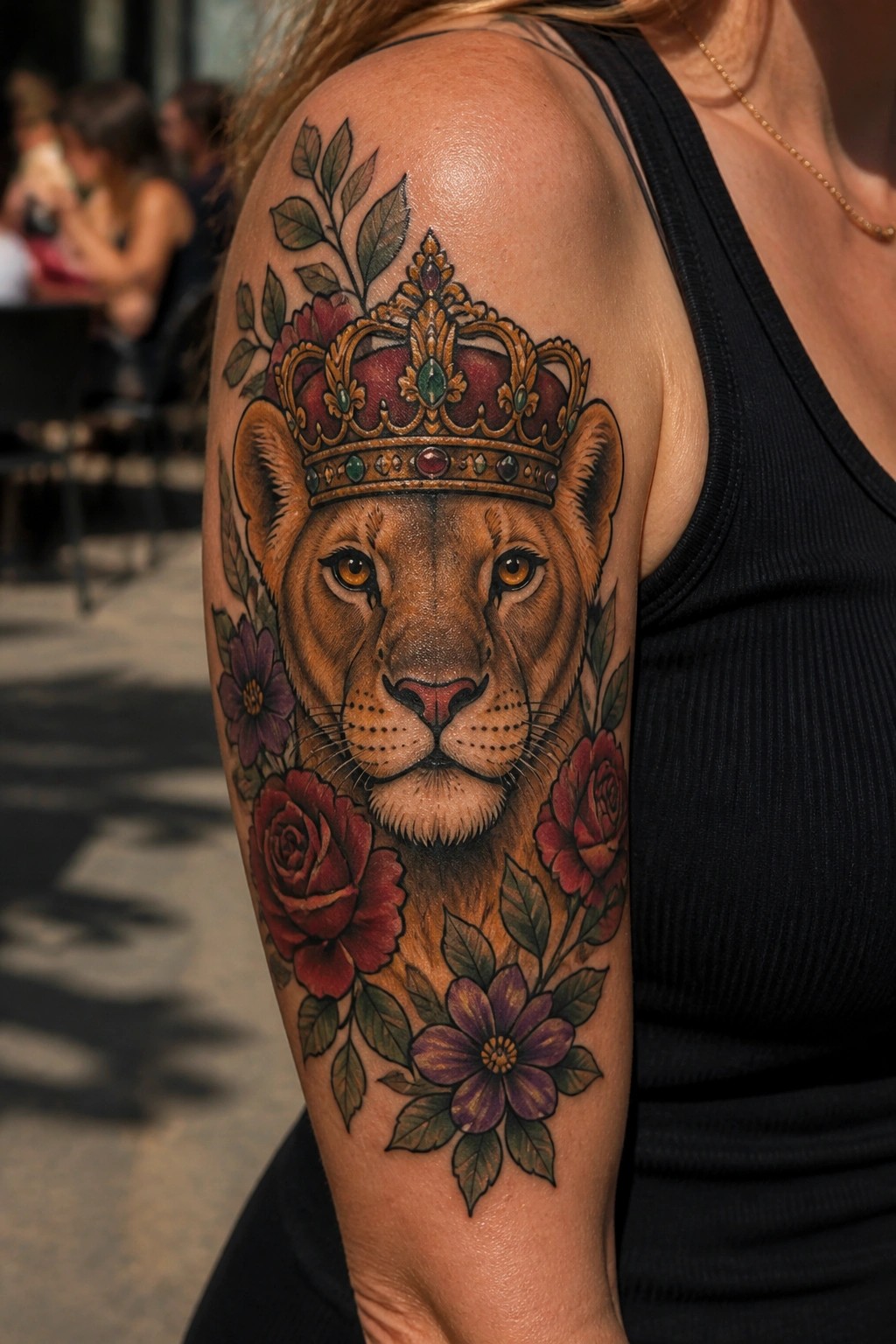 Realistic tattoo of a lioness wearing an ornate crown on a woman's upper arm, surrounded by red roses and purple flowers.