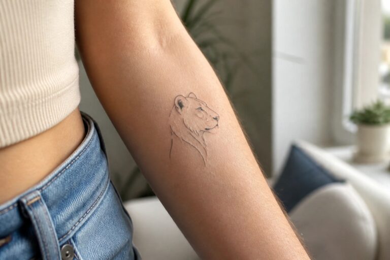 Minimalist lioness tattoo on upper arm with white top and blue jeans.