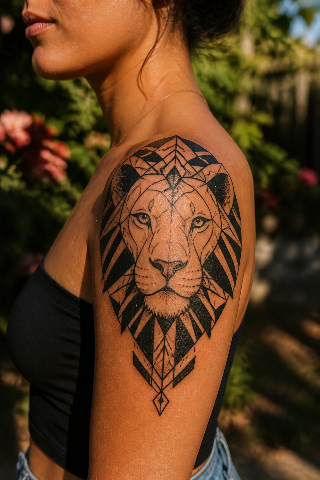 Woman showing a large geometric lioness tattoo on her shoulder with bold black lines and symmetrical patterns.