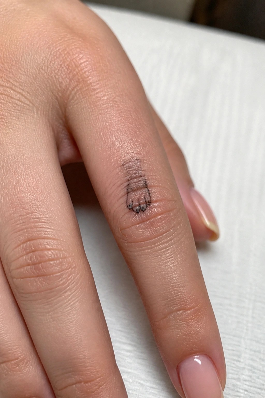 Close-up of light-skinned finger with small black cat paw tattoo and scar.