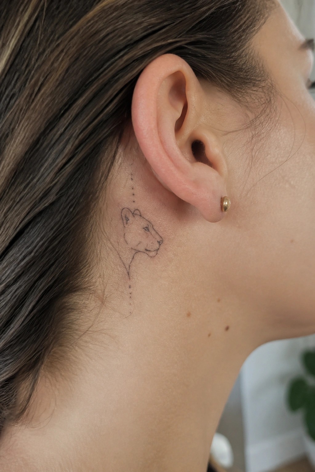 Lioness tattoo with dotted lines behind ear and small gold stud earring