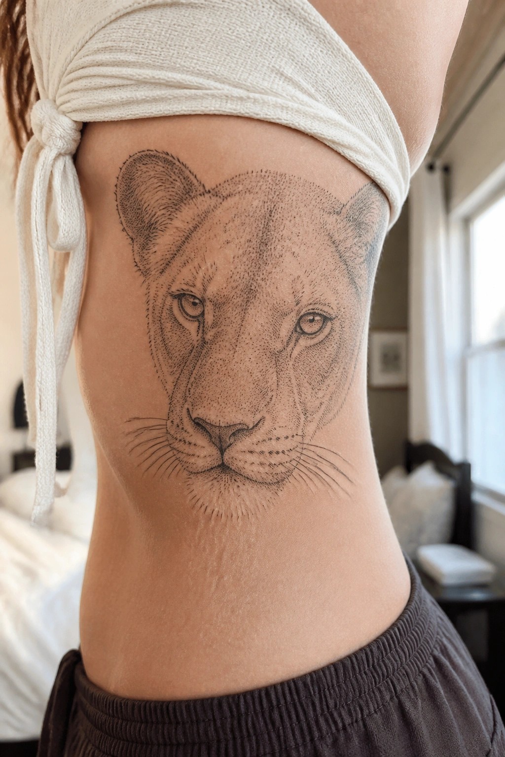 Detailed black-and-gray lioness tattoo on side torso under white knotted top.