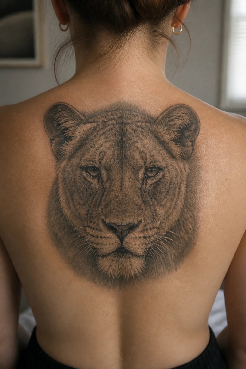 Black and gray realistic lion tattoo on woman's upper back with bun hairstyle