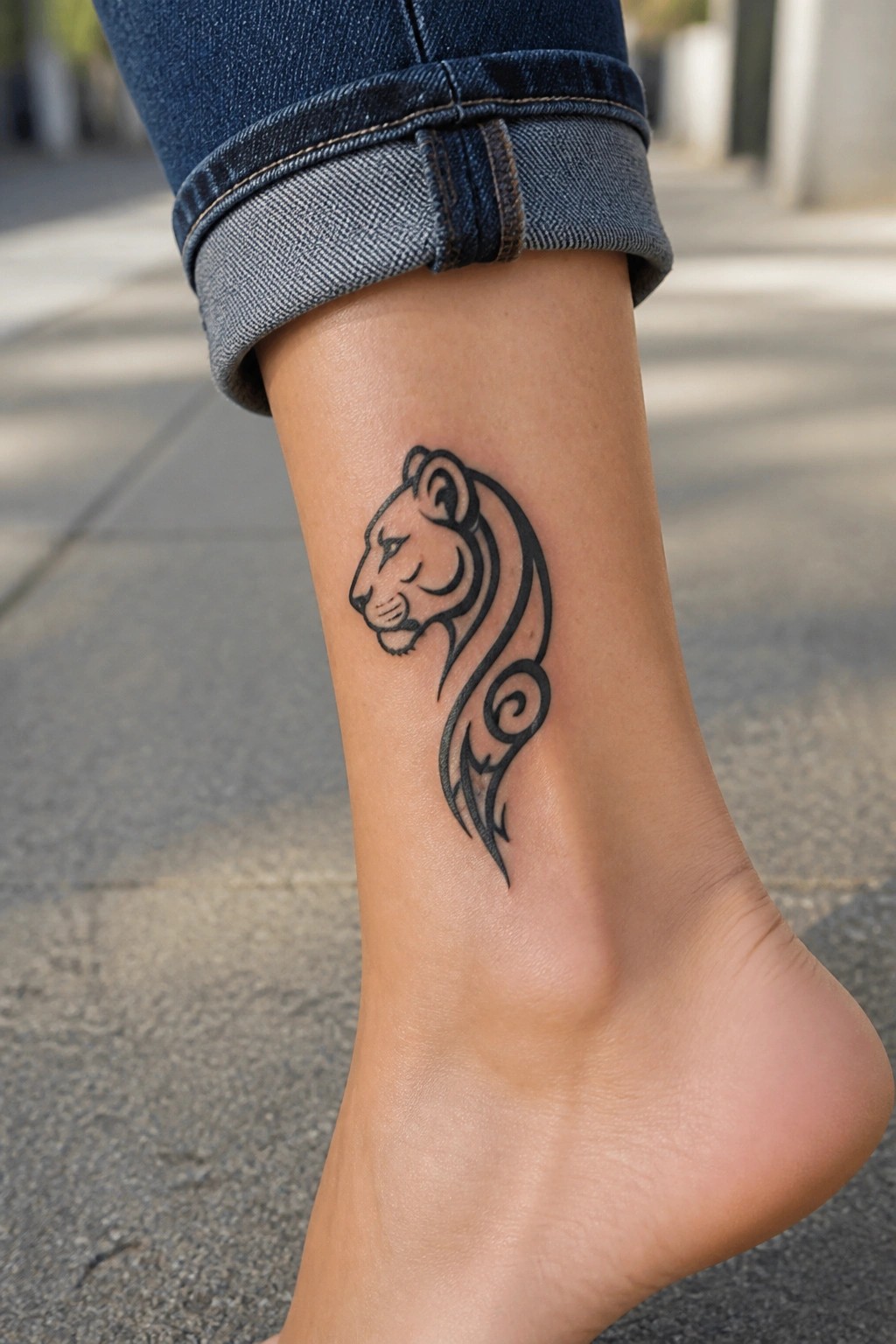 Black lion tattoo with swirling mane on ankle below rolled blue jeans