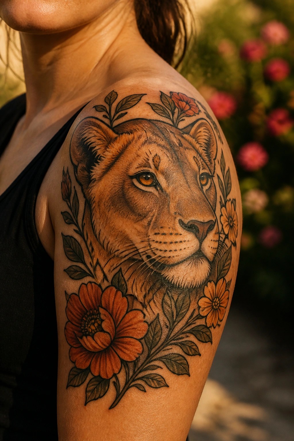 Woman's shoulder with lioness tattoo amid orange flowers on black tank top