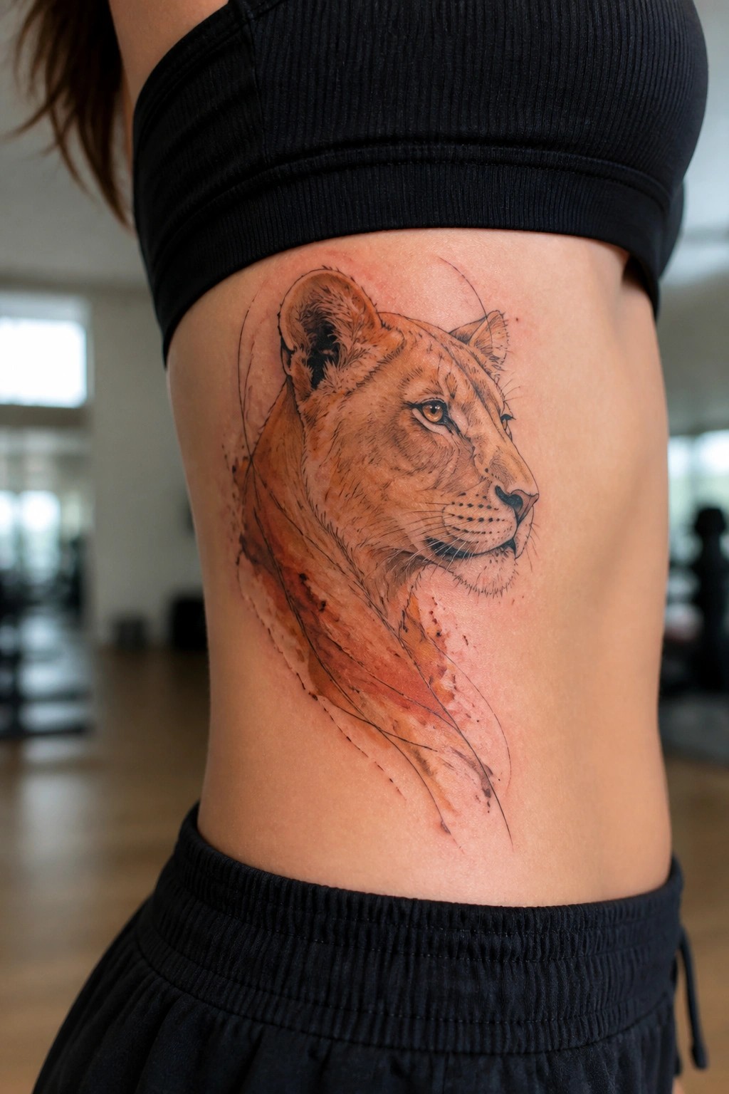 Watercolor style lioness head tattoo on the side of a woman's torso with orange tones and black linework