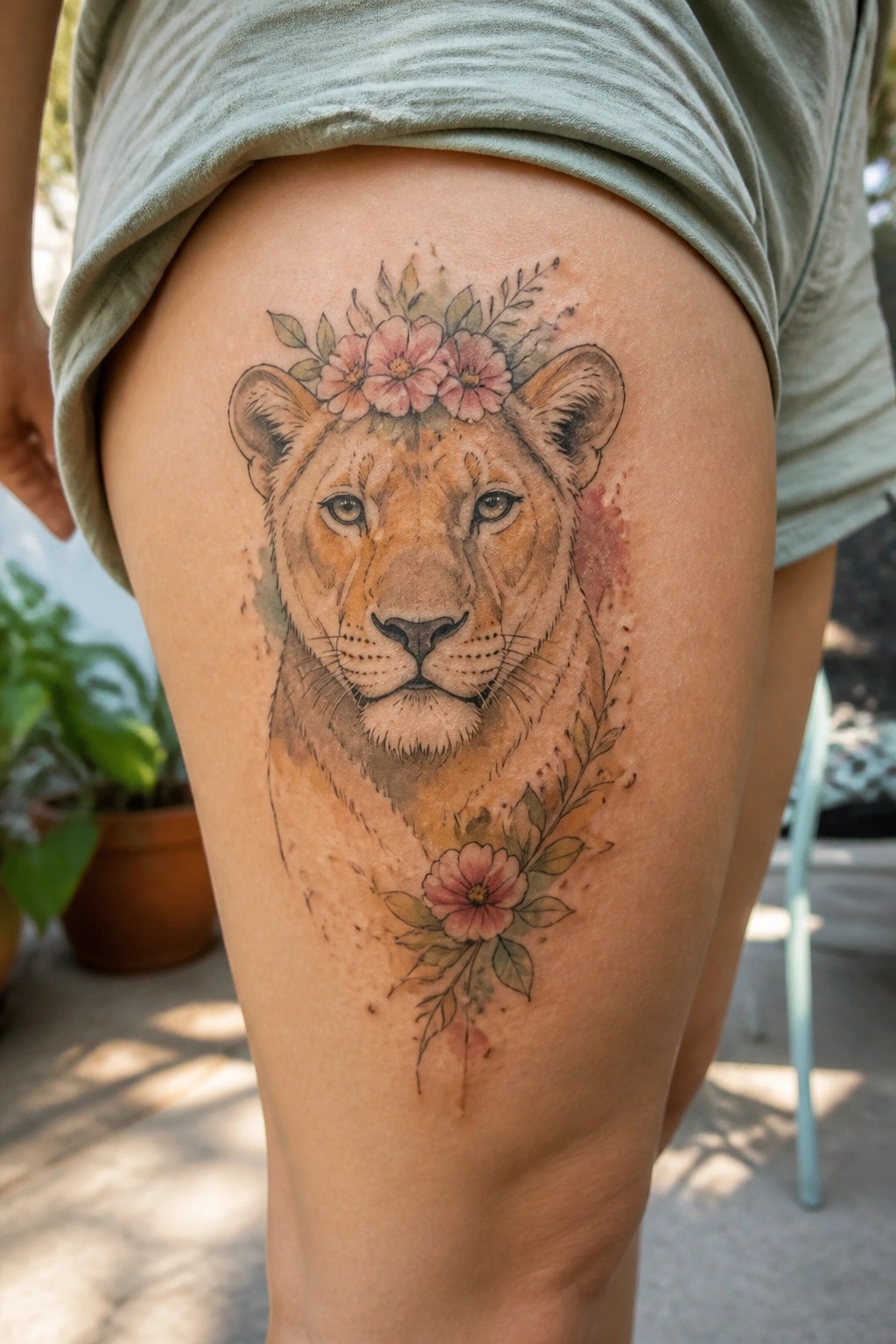 Watercolor lion tattoo with pink flowers on upper thigh under green shirt