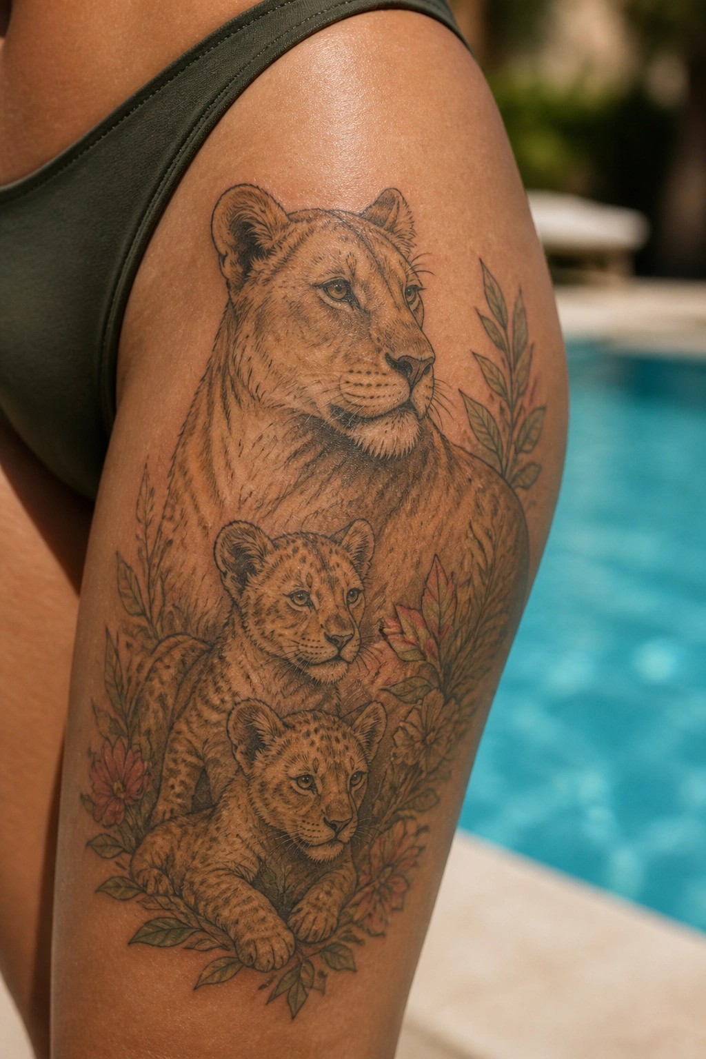 Realistic black and grey tattoo of a lioness with two cubs on the thigh, surrounded by flowers and leaves, placed near a pool.