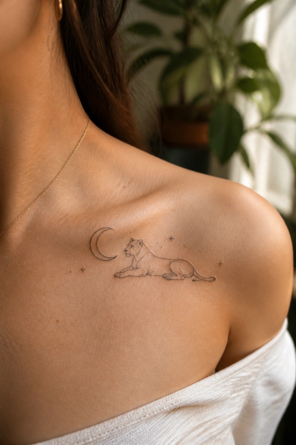 Lioness tattoo with crescent moon and stars on woman's bare shoulder above white top