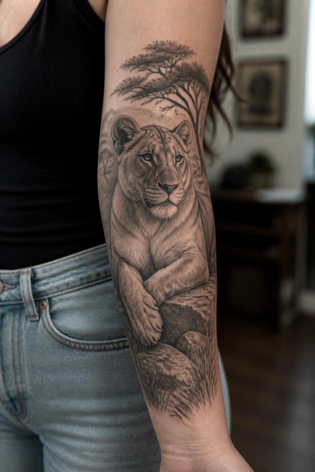 Lioness savanna tattoo on arm beside black tank top and blue jeans.