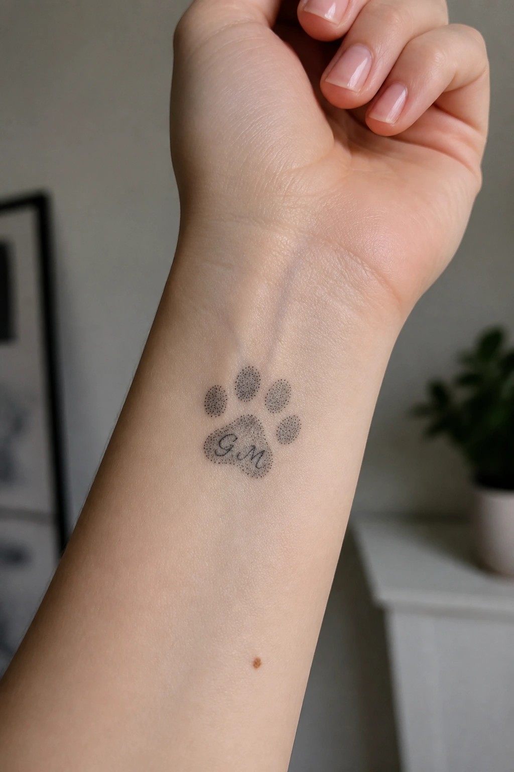 Hand with dotted paw print tattoo reading GM on inner wrist