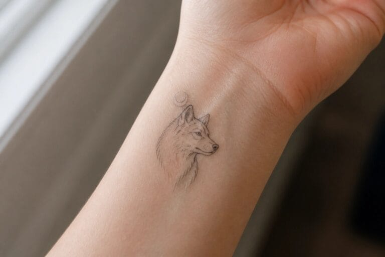 21 Powerful She Wolf Tattoo Ideas for Women Focused on Strength, Protection, and Independence Minimalist black ink tattoo of a wolf's head and crescent moon on a wrist.