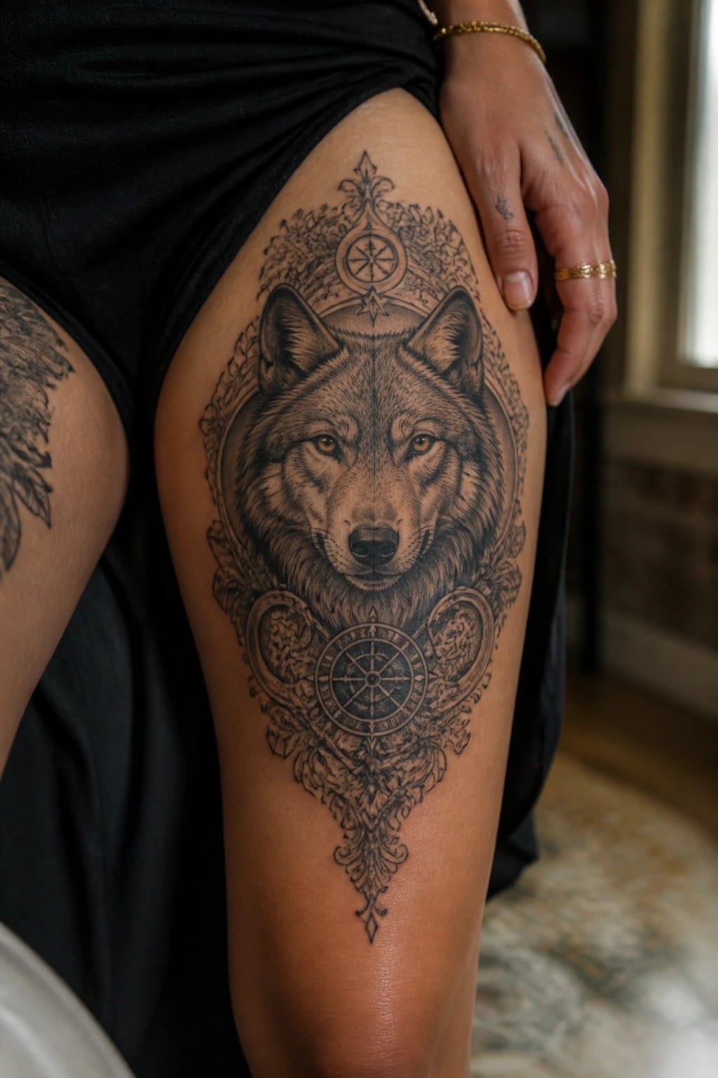 Ornate black-and-gray wolf tattoo with compass and floral motifs on thigh.