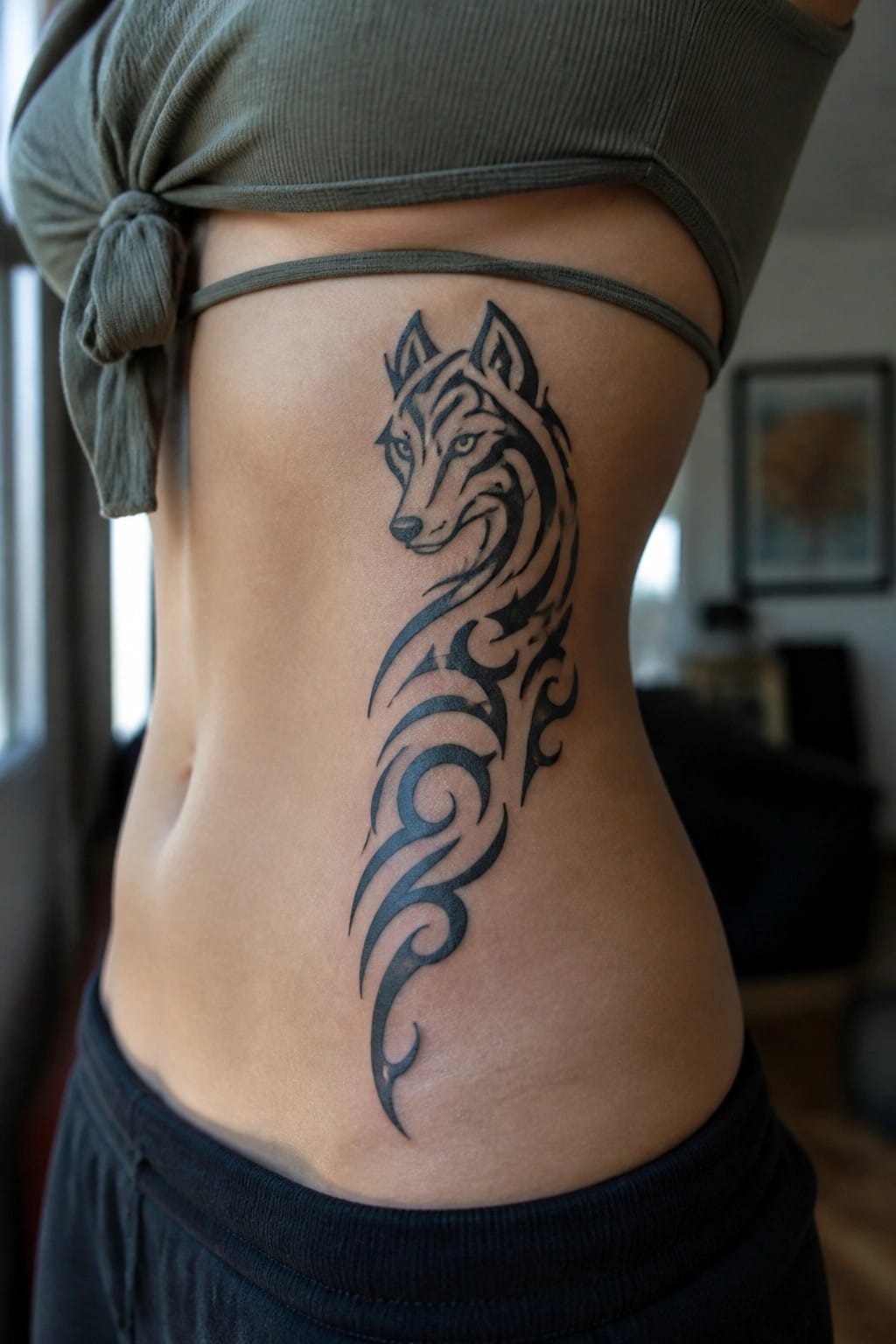 A she wolf tattoo in tribal style placed vertically along the side torso with the head near the ribs and swirling patterns extending downward.