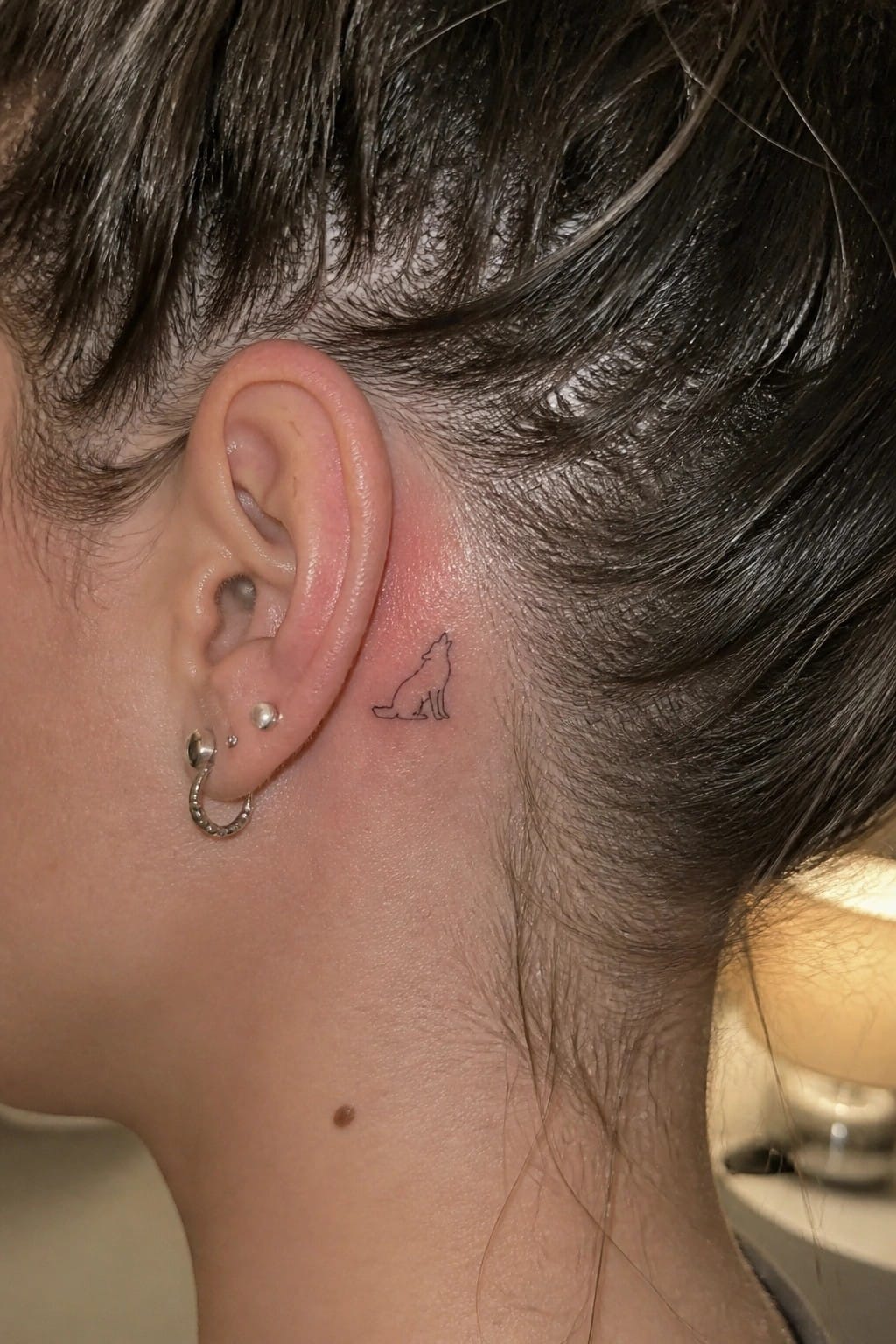 Wolf tattoo behind ear with silver hoop and stud piercings in dark hair