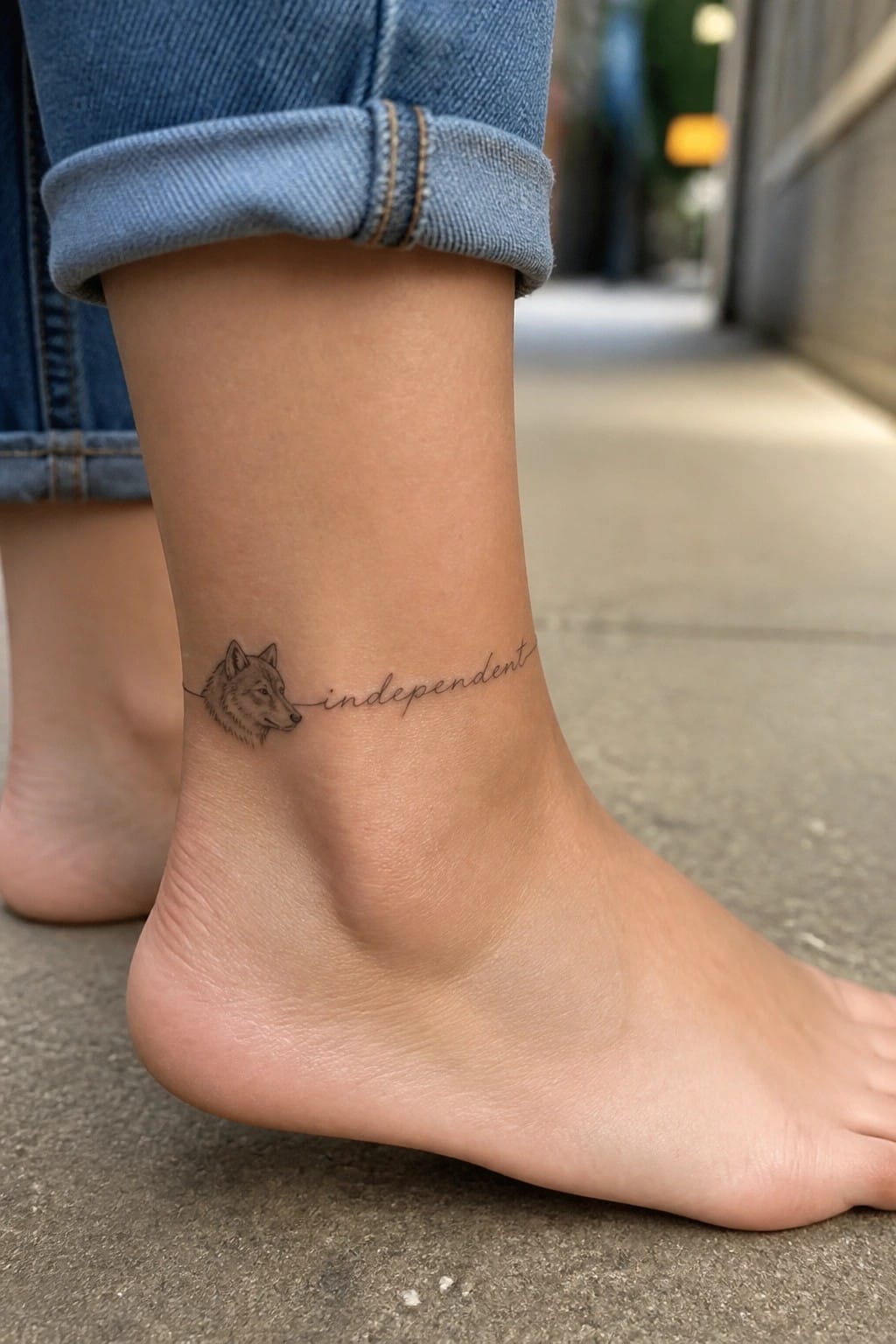 Ankle tattoo of wolf head and