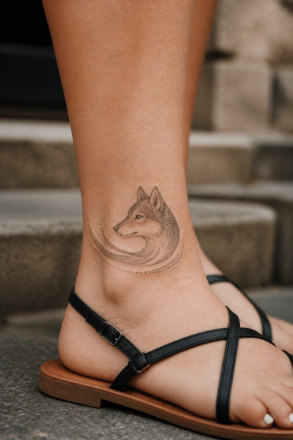 Dotwork she wolf head tattoo on the outer ankle with curved body lines in black ink