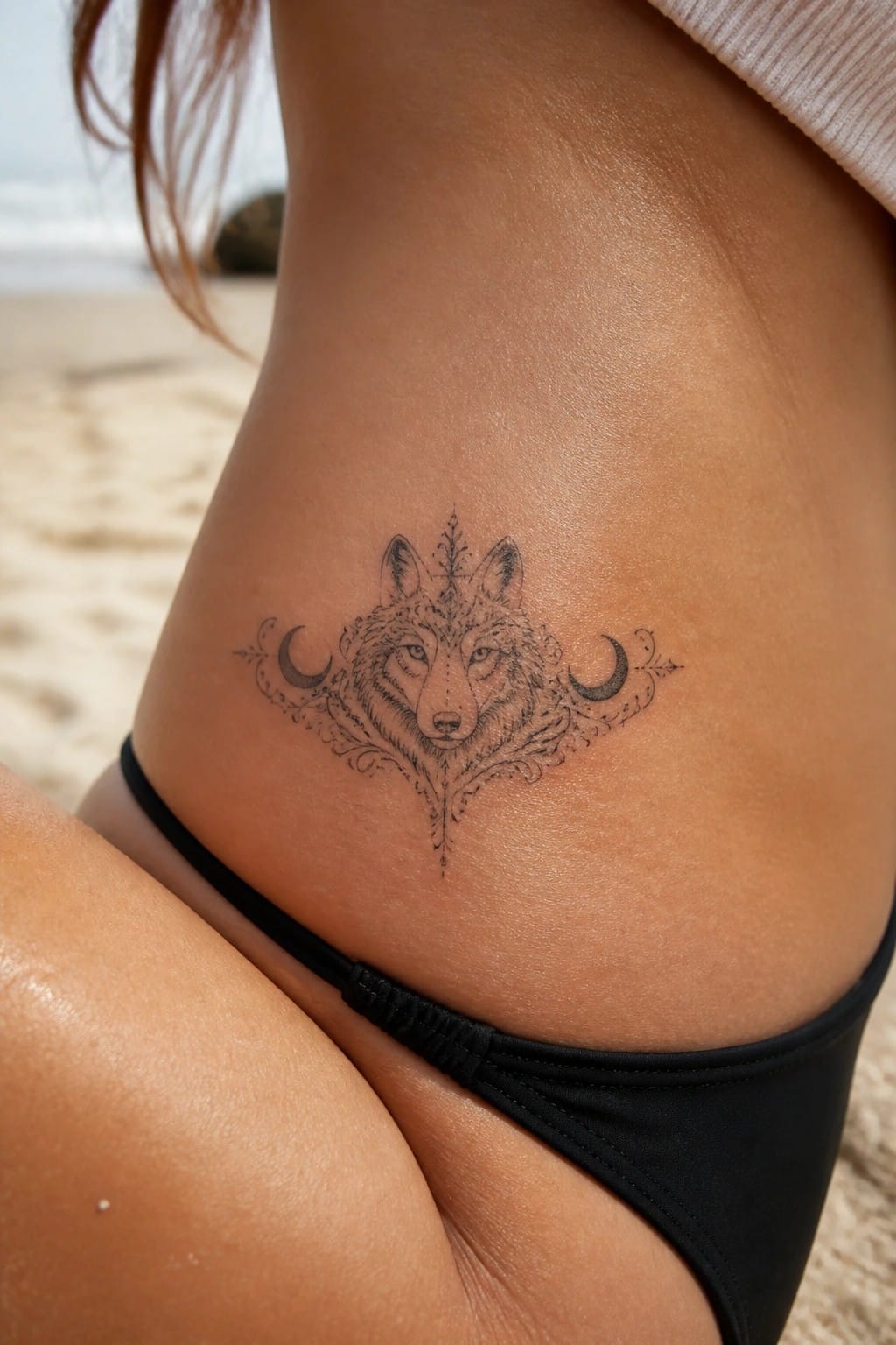 Fine line wolf head tattoo with crescent moons placed on the hip of a woman at the beach.