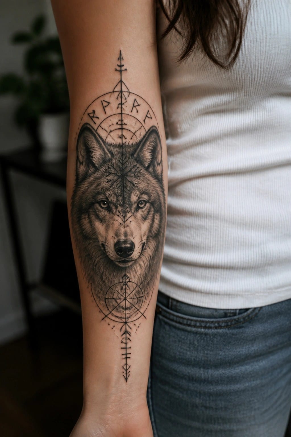 Black and grey wolf head tattoo on the inner forearm with runic symbols above and geometric lines below.