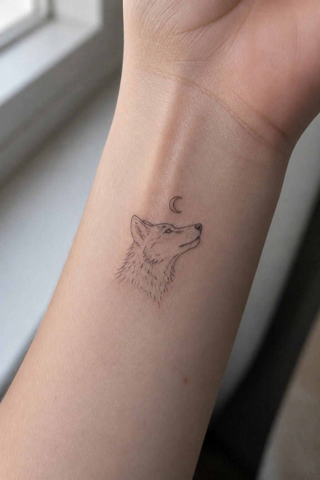 Minimalist black ink tattoo of a wolf's head and crescent moon on a wrist.