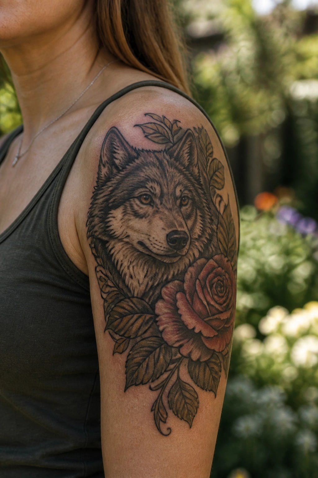Woman in green tank top with brown wolf and red rose shoulder tattoo