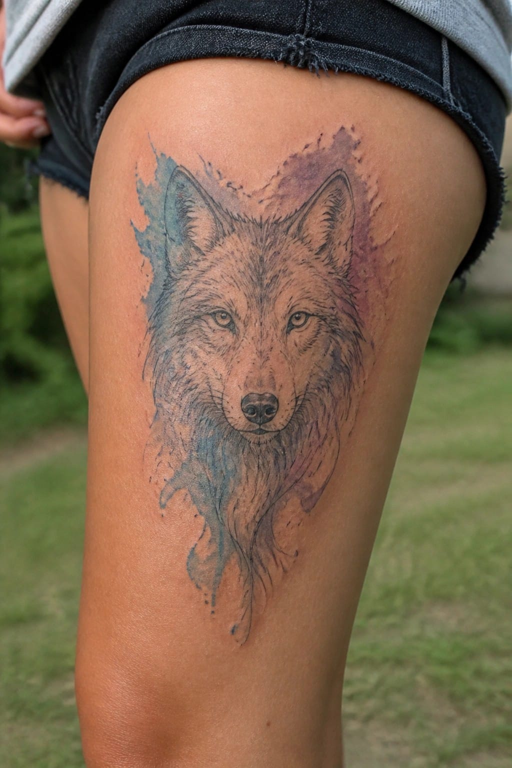 Realistic wolf head tattoo on upper thigh with blue and purple watercolor splashes around the edges.