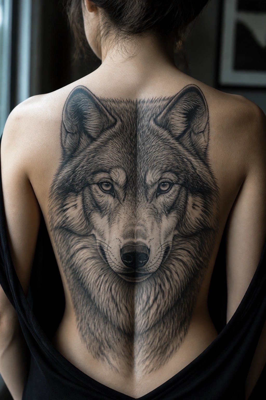 Realistic black and grey wolf head tattoo centered on a woman's upper back with the design split symmetrically along the spine.