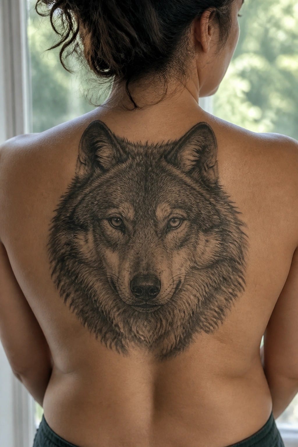 Large detailed wolf tattoo on bare upper back of person with dark hair in bun