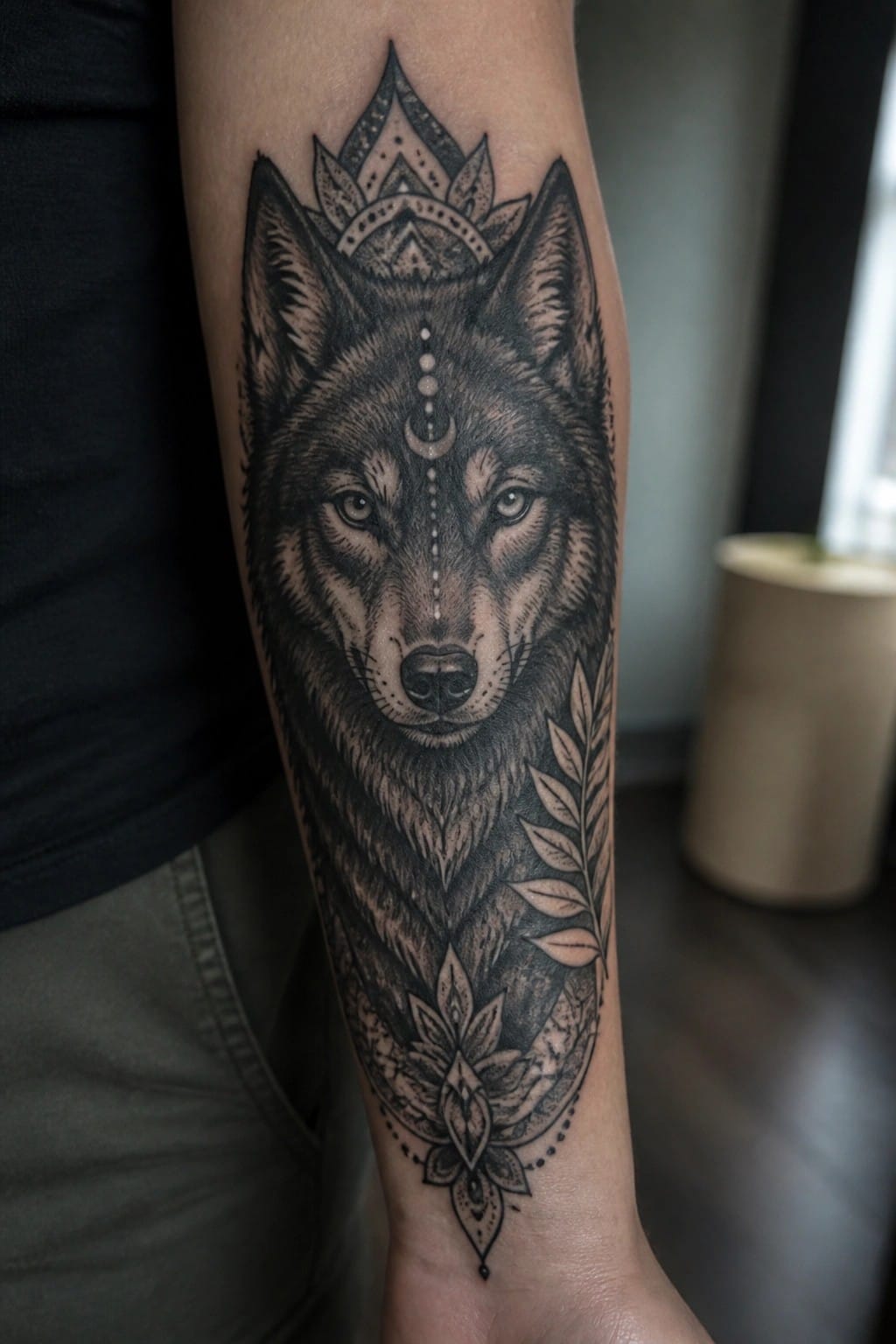 Detailed black-and-gray wolf head tattoo with mandala patterns on forearm