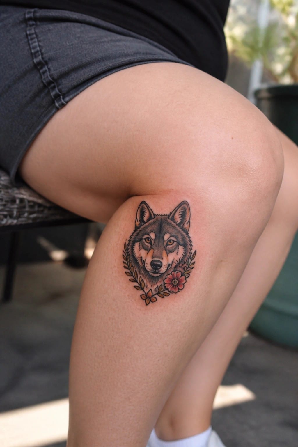 Wolf head tattoo with pink flowers on thigh beneath black denim shorts