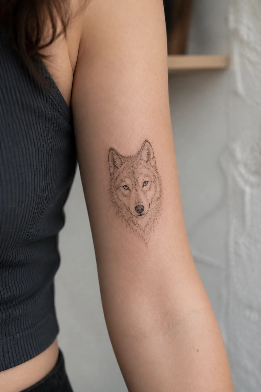 Fine line wolf head tattoo on a woman's upper arm
