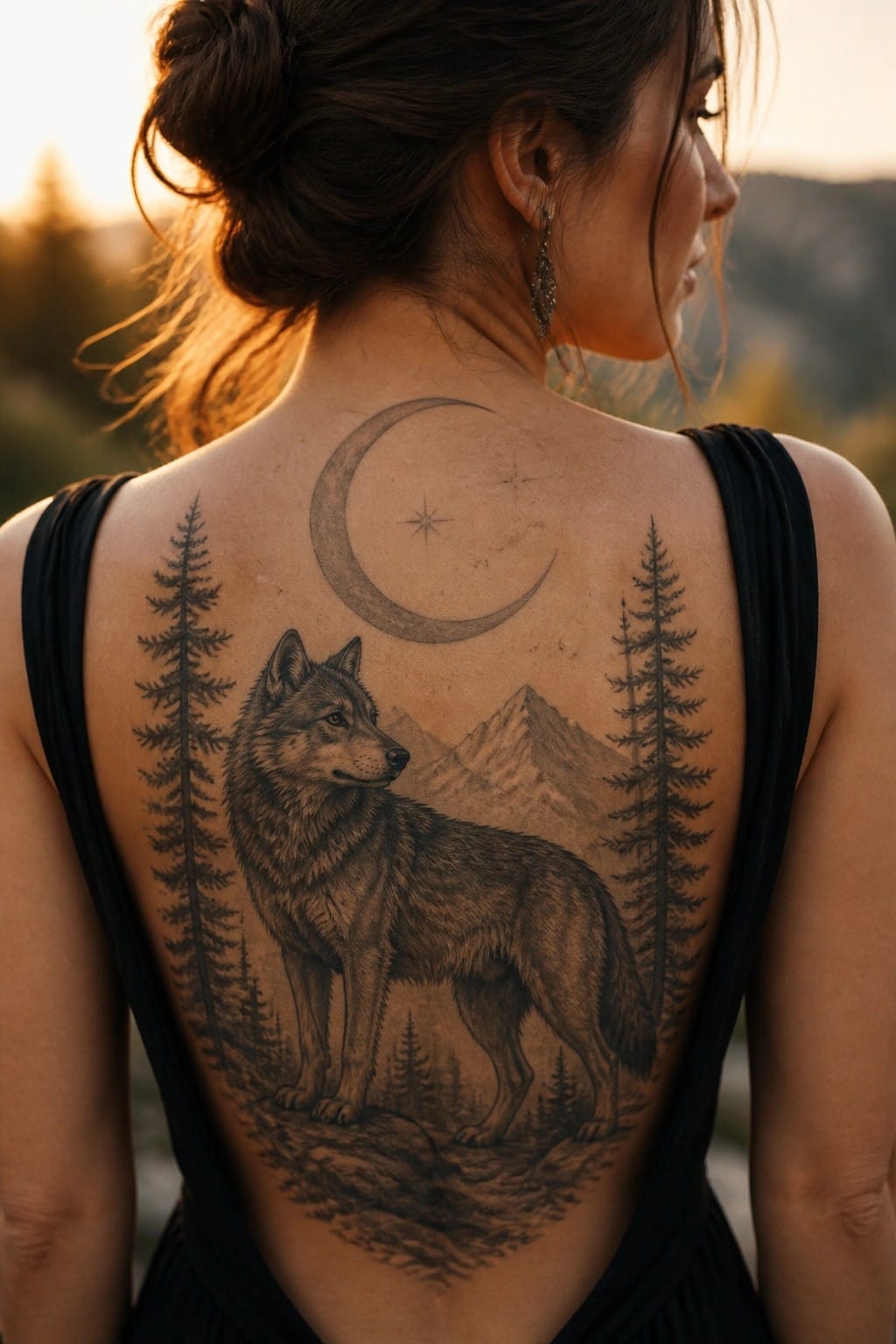 Realistic black and grey tattoo of a wolf standing in a mountain landscape with pine trees on both sides and a crescent moon above it on a woman's upper back