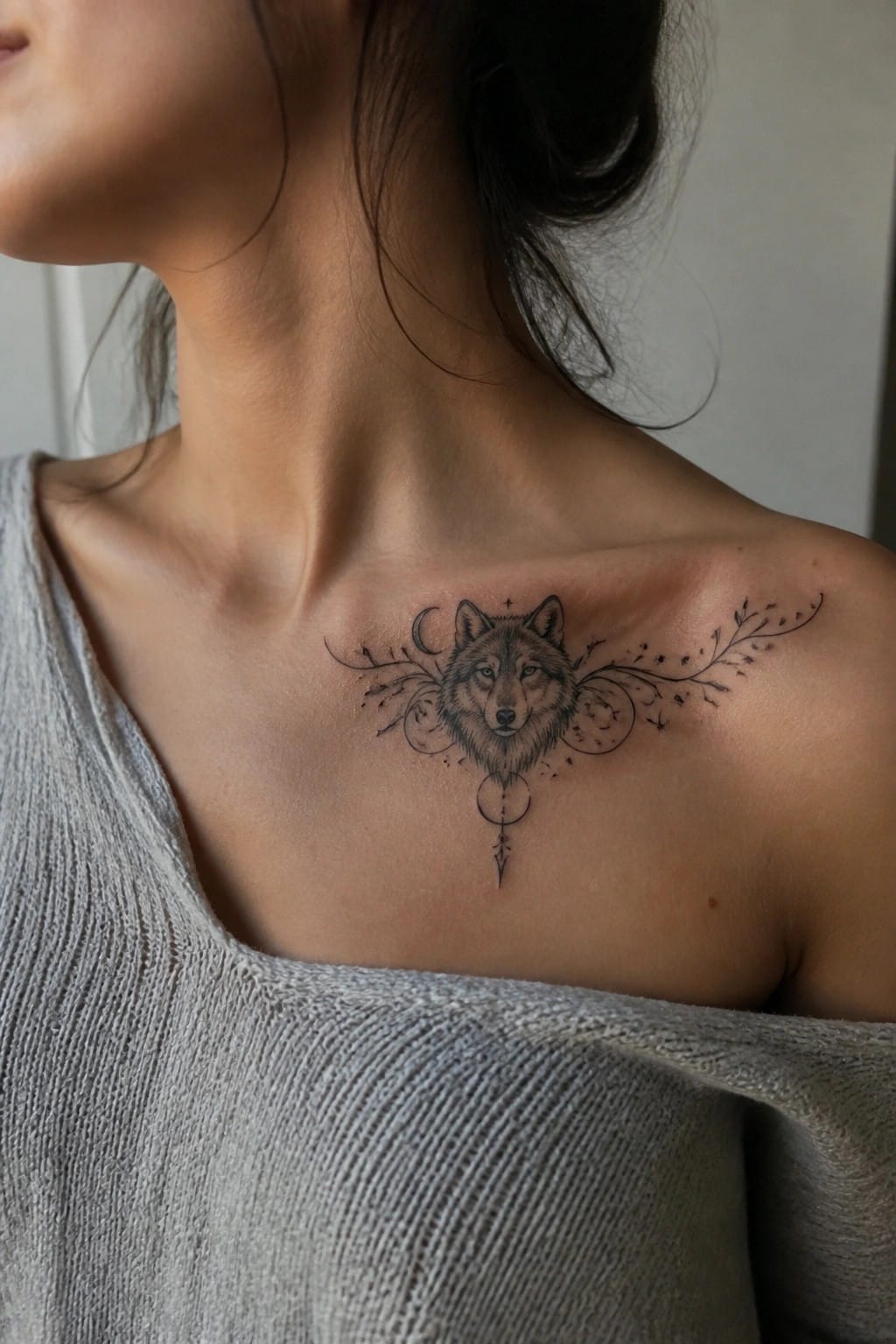 Wolf tattoo with moons and branches on shoulder above gray off-shoulder top