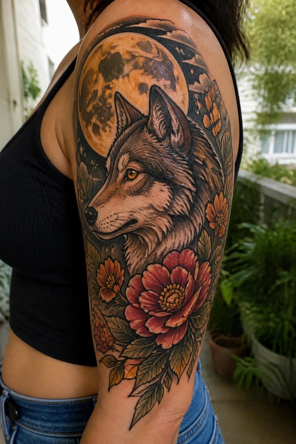 Realistic color tattoo of a wolf head with a large full moon above it and orange and red flowers around it on a woman's shoulder and upper arm.