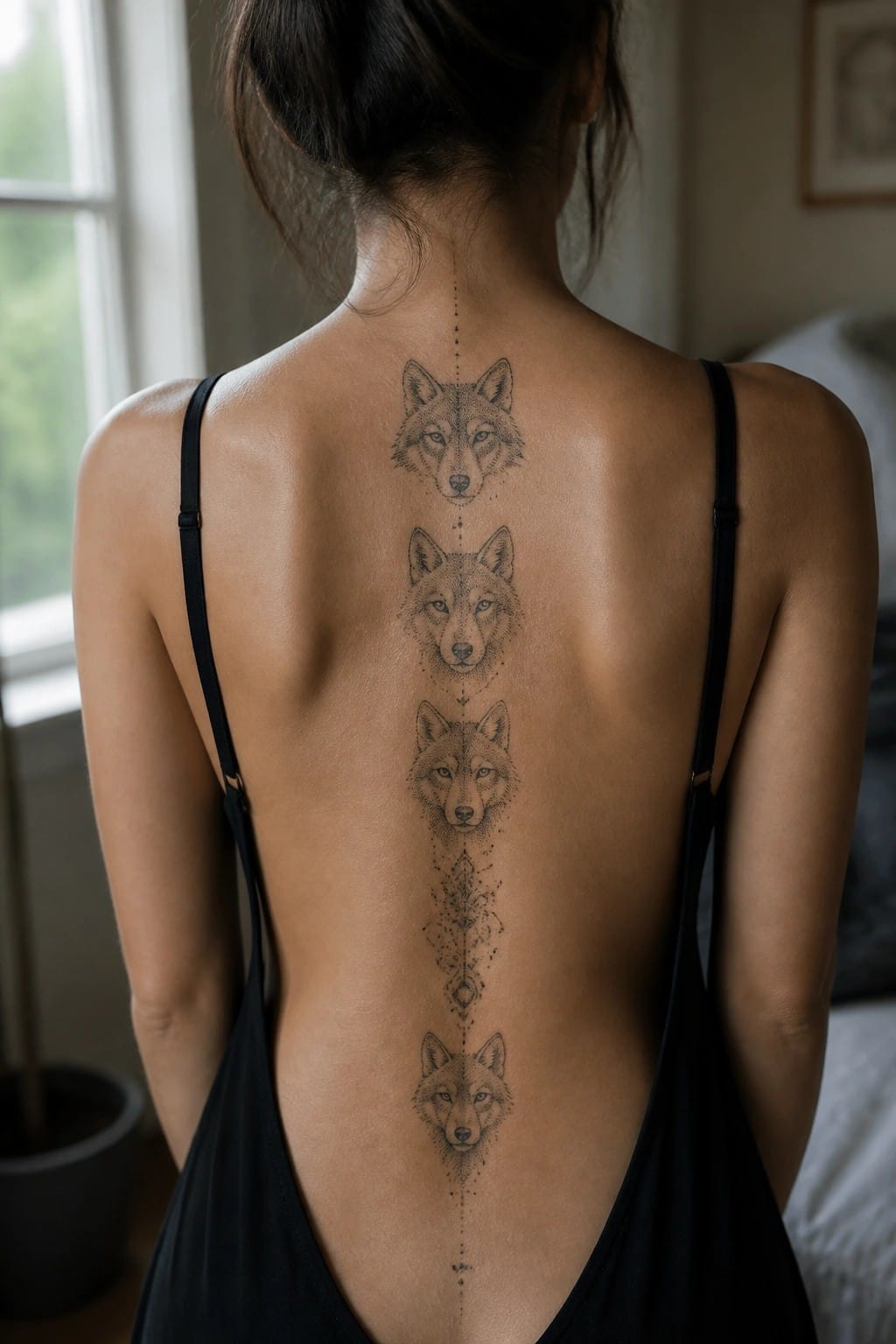 Vertical spine tattoo showing five wolf heads in black dotwork style connected by a dotted line with small geometric details between them.