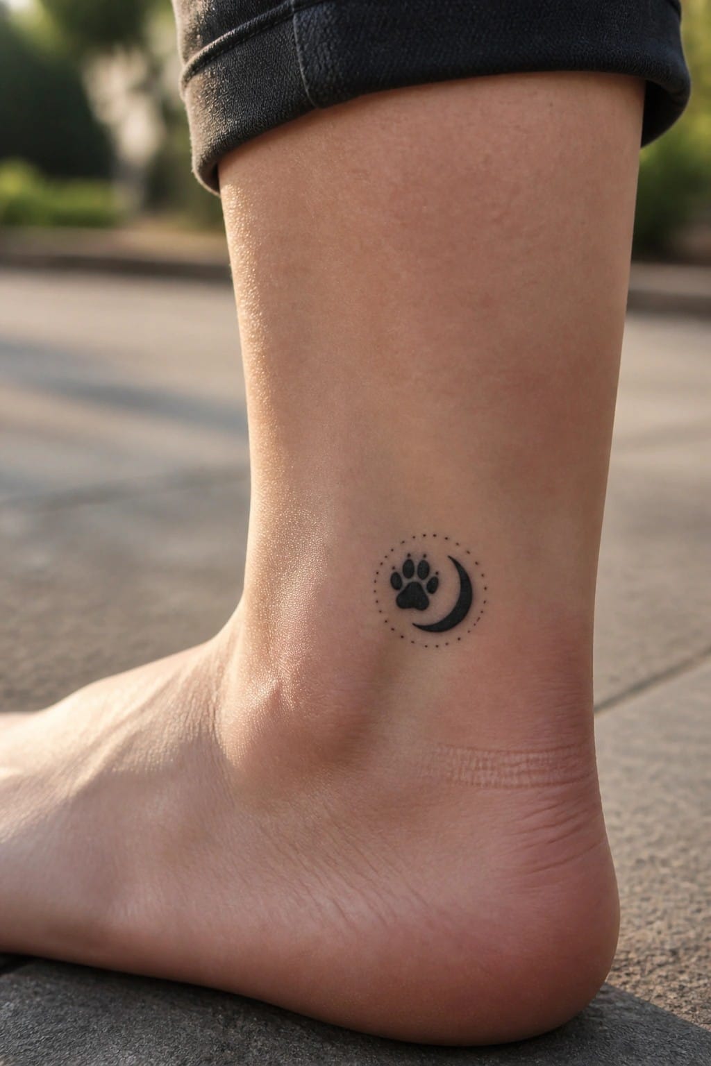 Black paw print and crescent moon tattoo with dotted border on ankle below rolled jeans