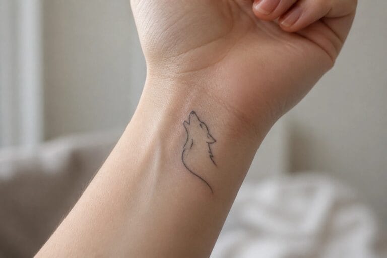 Minimalist black line-art wolf tattoo on a person's inner wrist