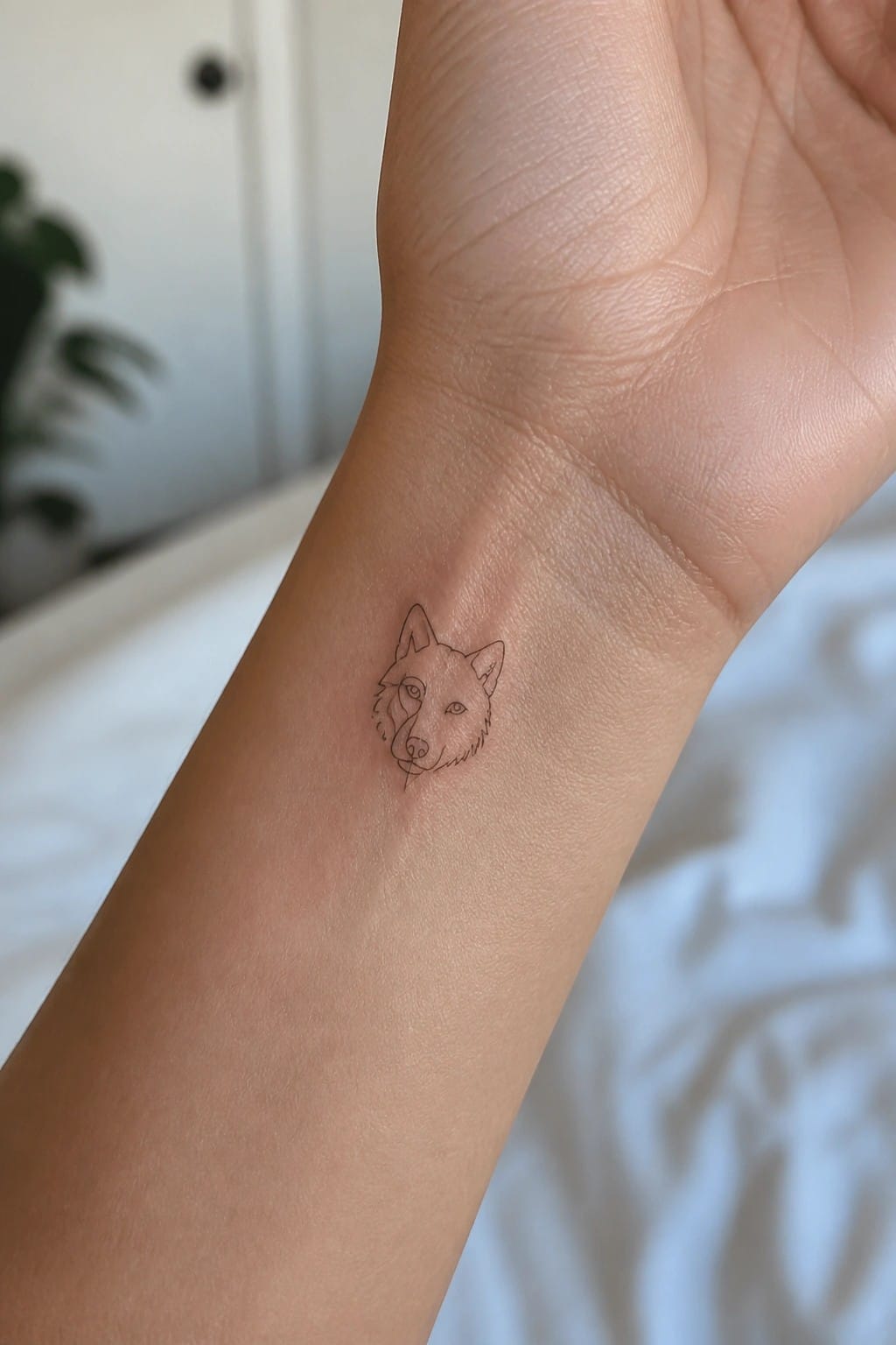 Small fine line wolf head tattoo on the inner wrist of a woman's arm