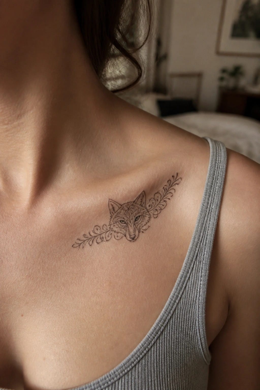 Fox tattoo with floral vines on shoulder above gray ribbed tank top