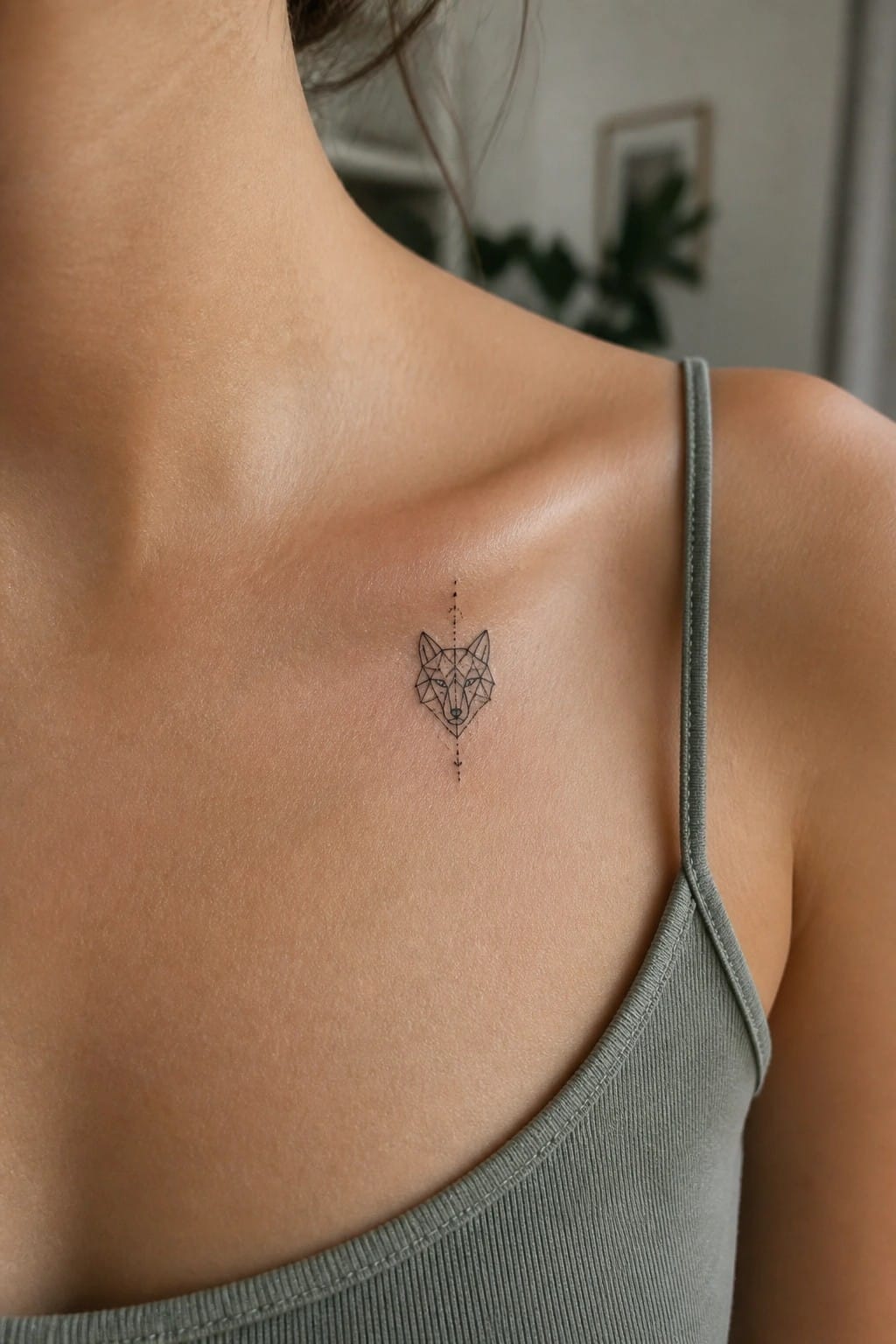 Small geometric wolf head tattoo on a woman's collarbone with dotted line accents above and below.