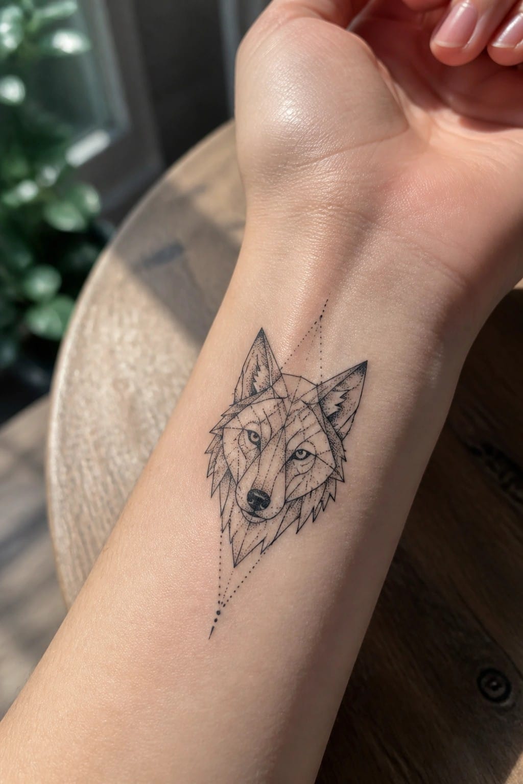 Small geometric wolf head tattoo on the inner wrist with line art and dotted details.