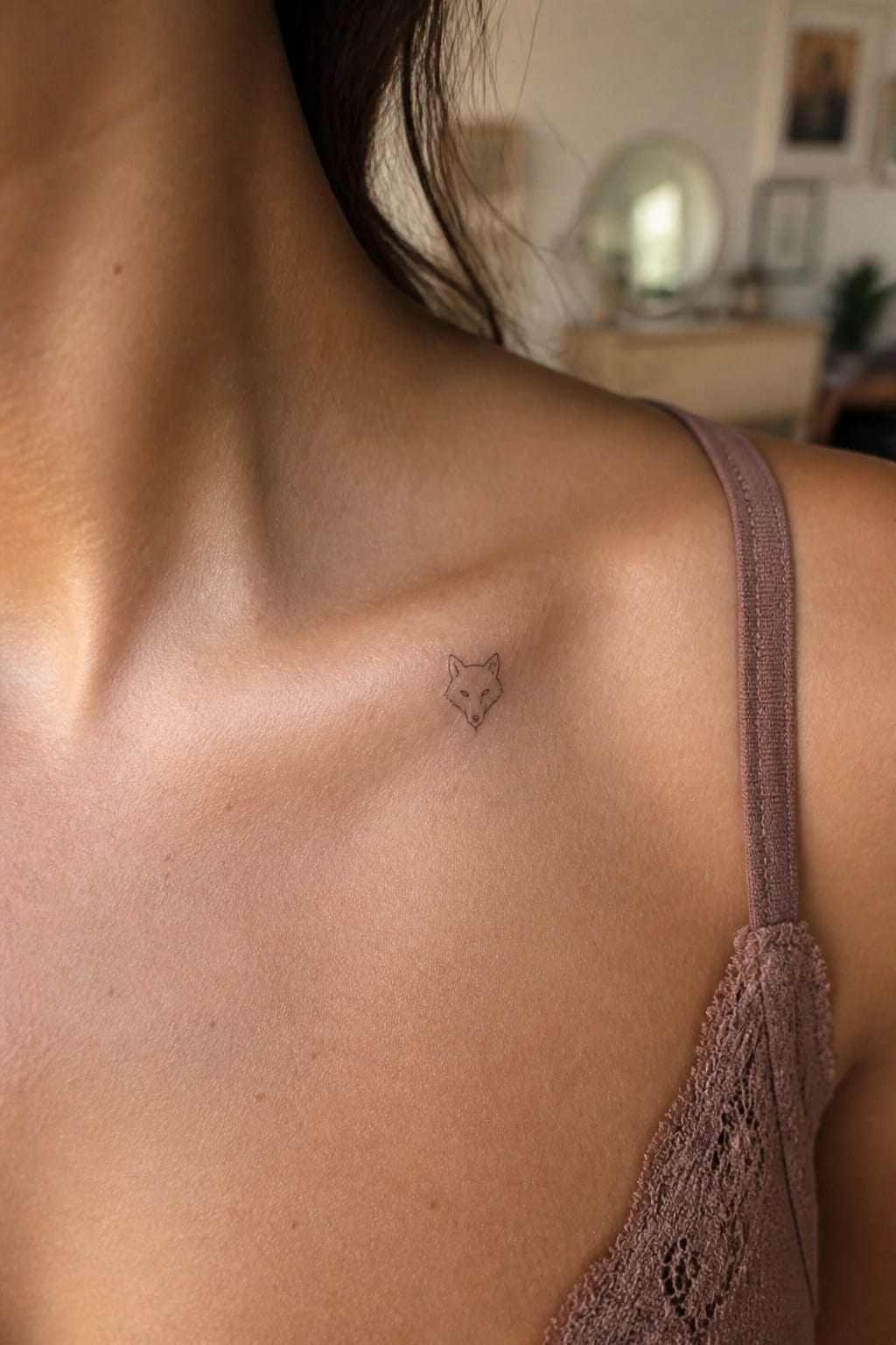 Small fox tattoo on collarbone above mauve lace-trimmed camisole strap