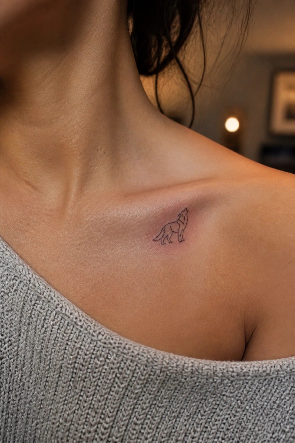 Small minimalist line drawing of a howling wolf tattoo on a woman's collarbone.